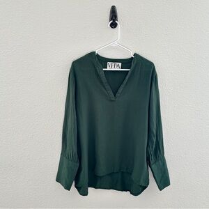 VEDA Forest Green V-Neck Blouse - Dark Academia Minimalist Sleek - M